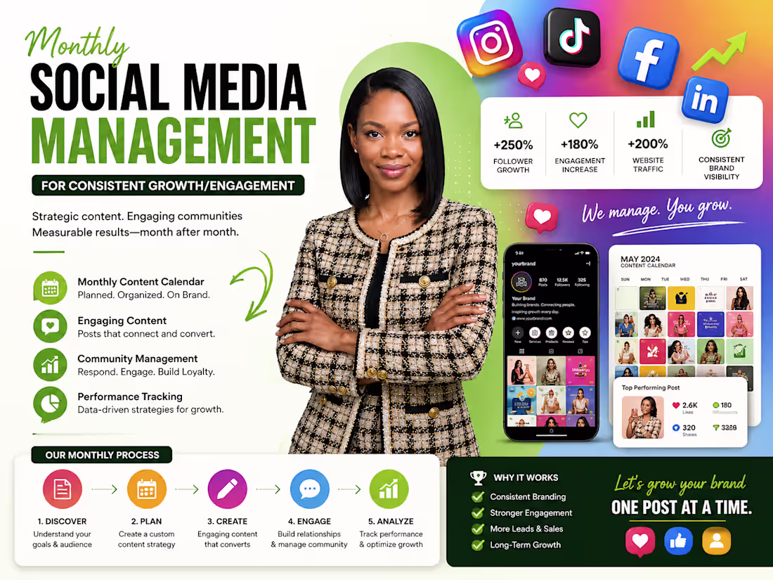 Cover image for Monthly Social Media Management for Consistent Growth,Engagement