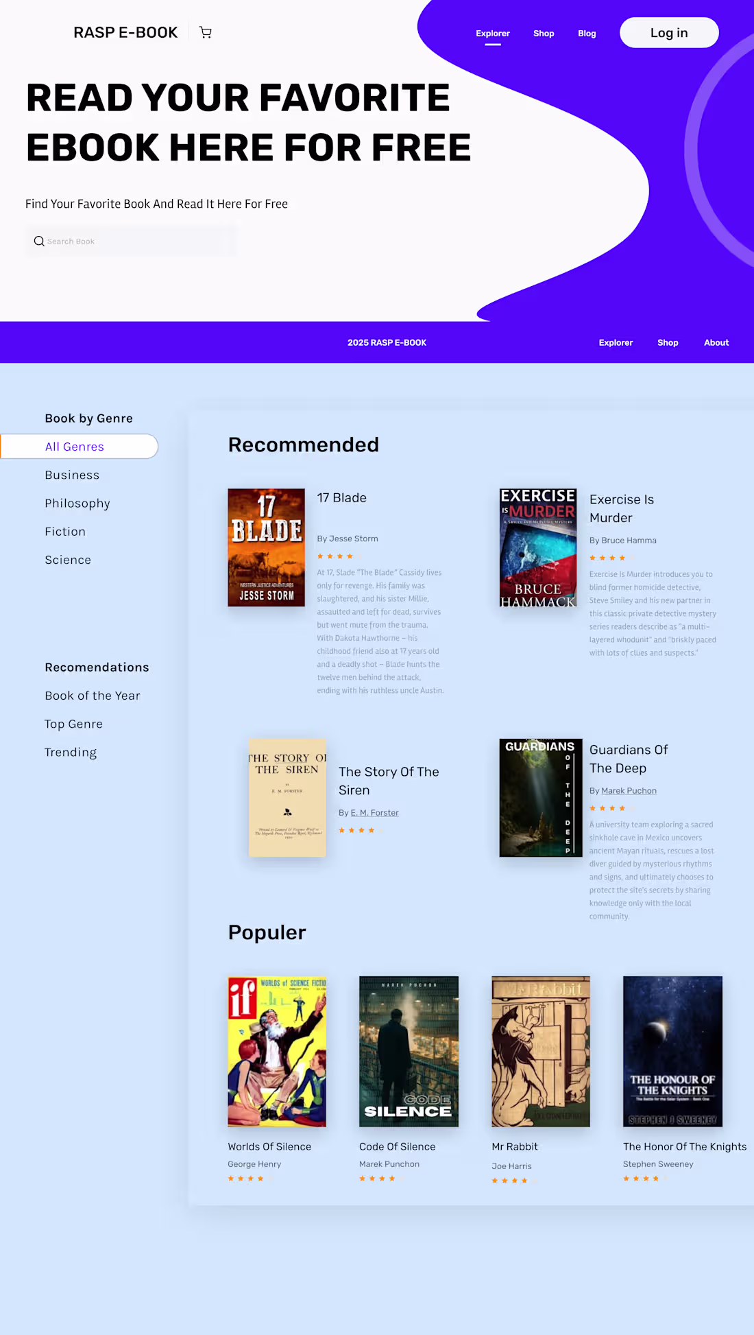Cover image for A home page for Rasp E-book showcasing available books to re...