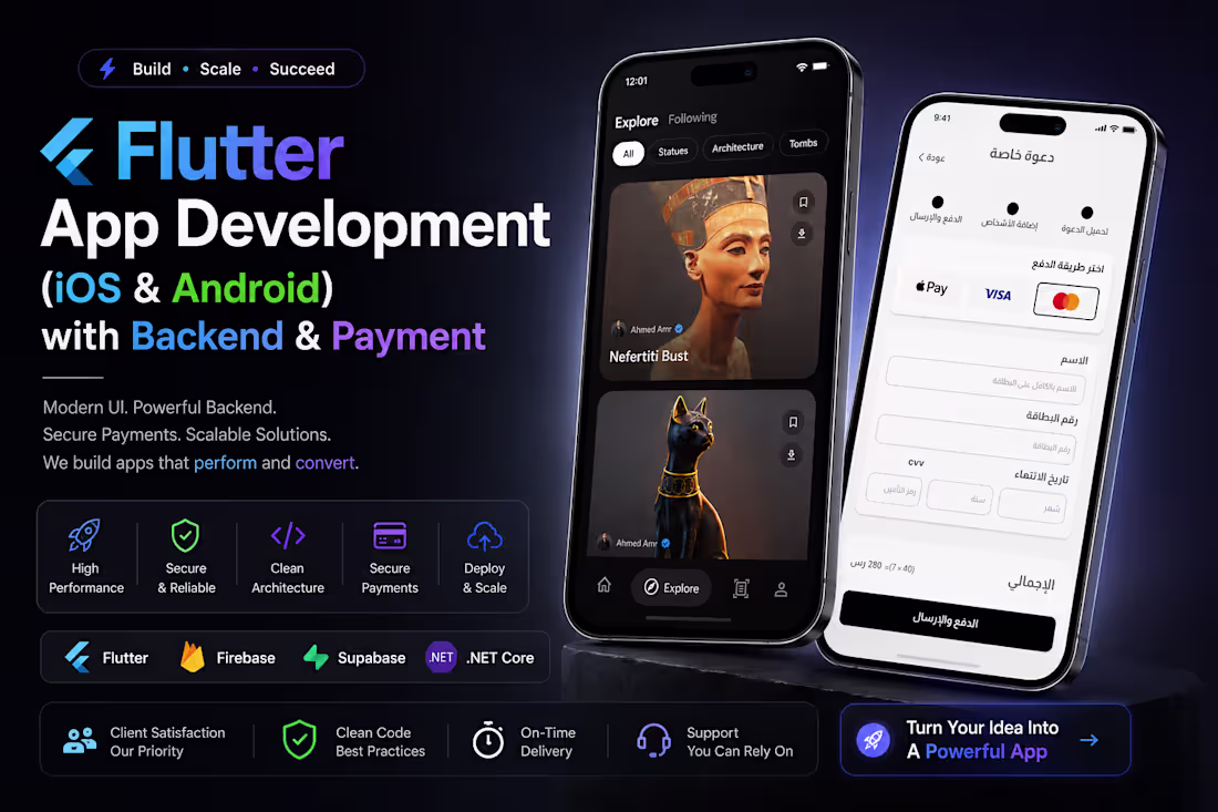 Cover image for Flutter App Development (iOS & Android) with Backend & Payment.