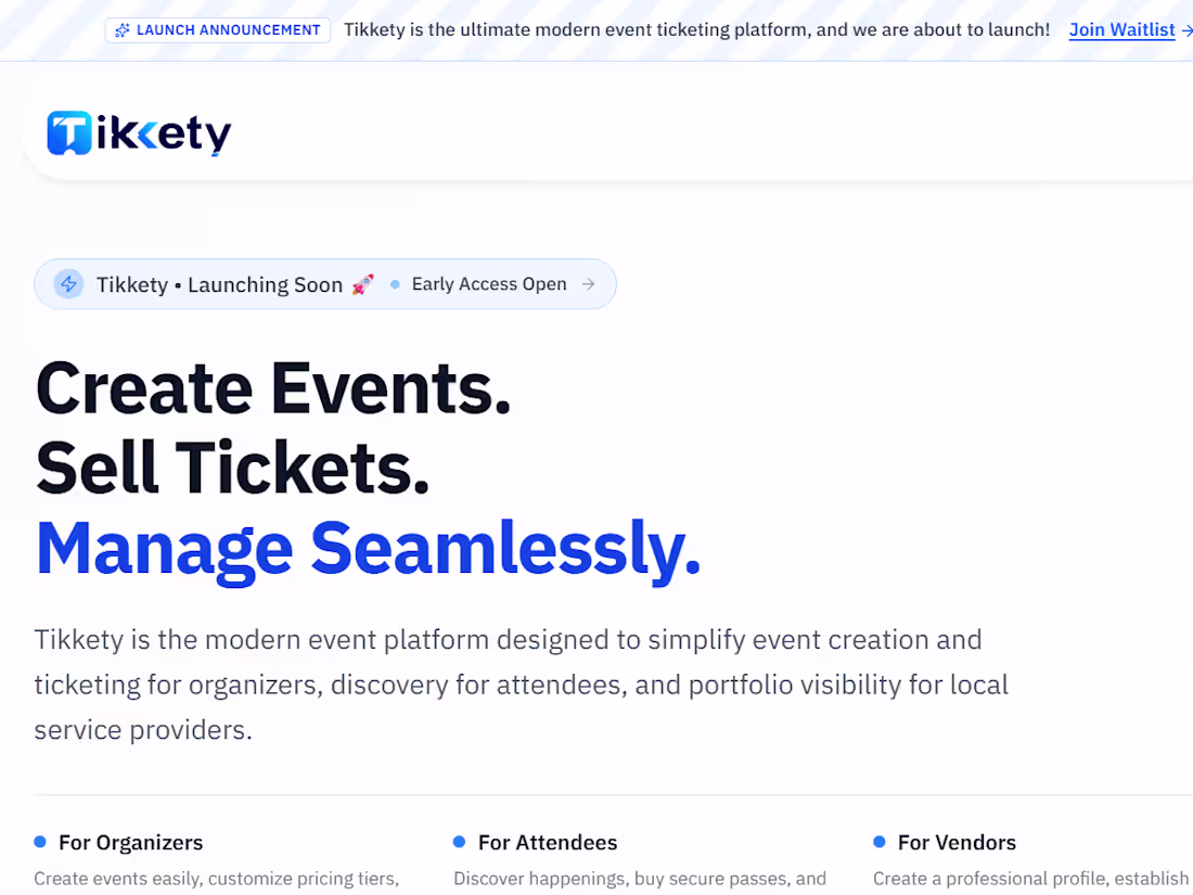 Cover image for Tikkety - Event Ticketing Platform
A