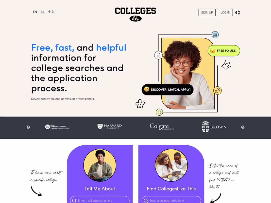 Cover image for Welcome to CollegesLike Homepage