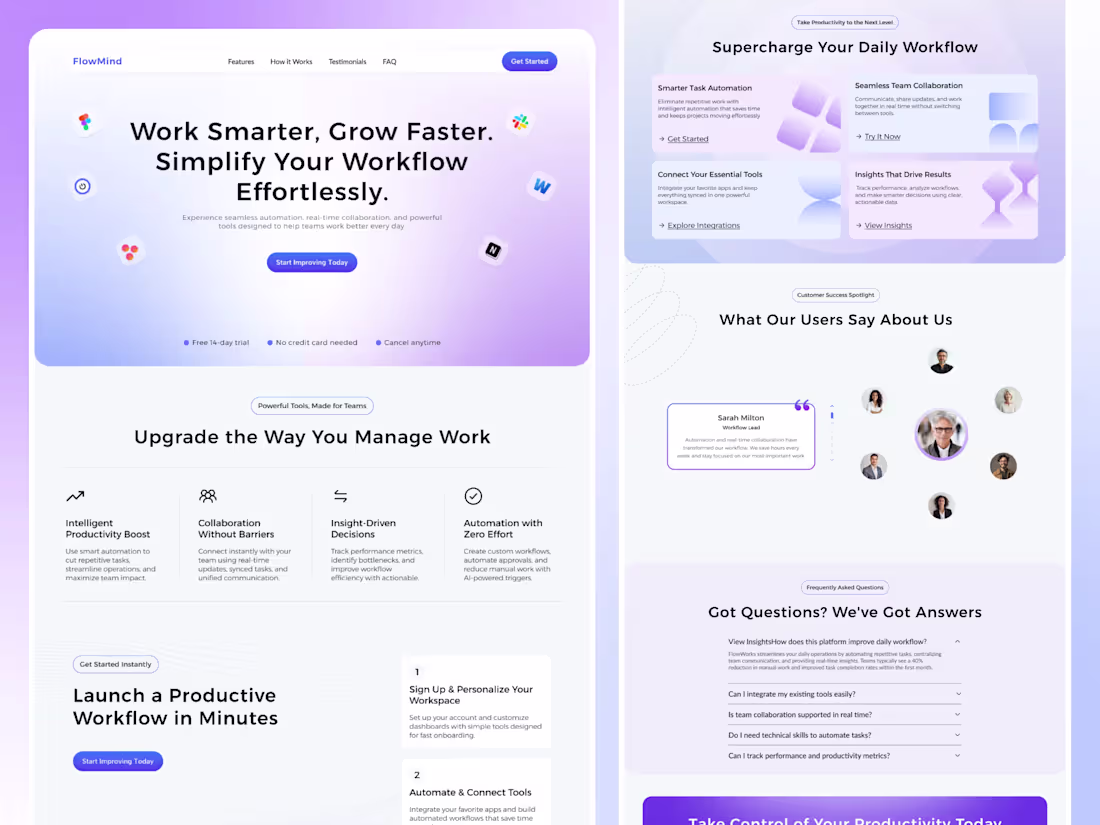 Cover image for Productivity Workflow SaaS Website Design FlowMind is a mode...