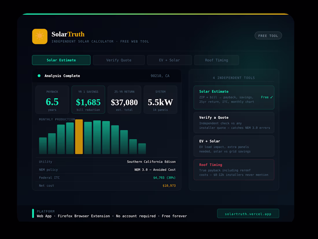 Cover image for SolarTruth — Independent Solar Calculator