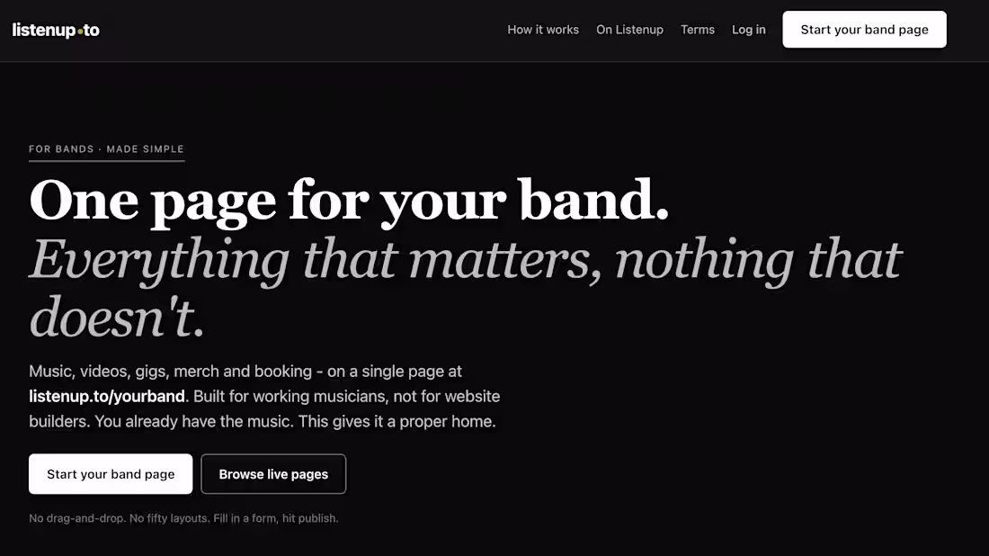 Cover image for ListenUp.to: One Page for Your Band