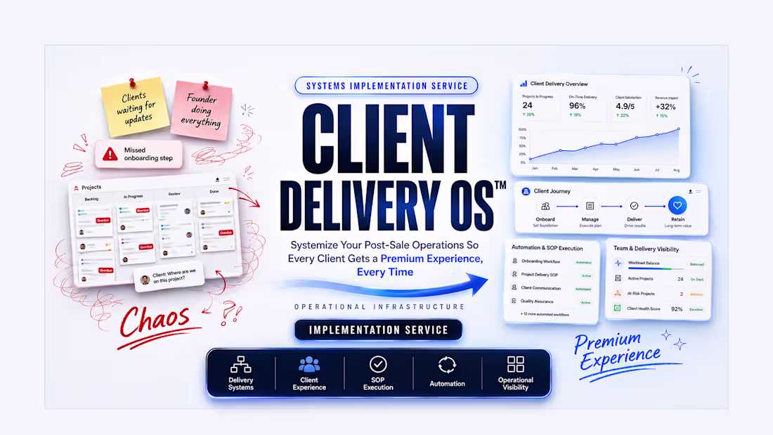 Cover image for Client Delivery OS. Systemize Your Post-Sale Operations