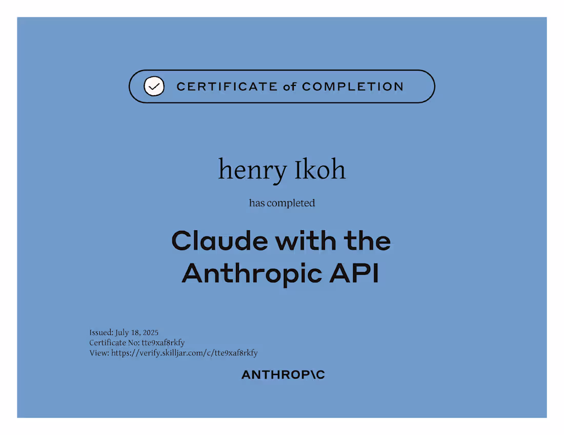 Cover image for Claude API Development Course Completion