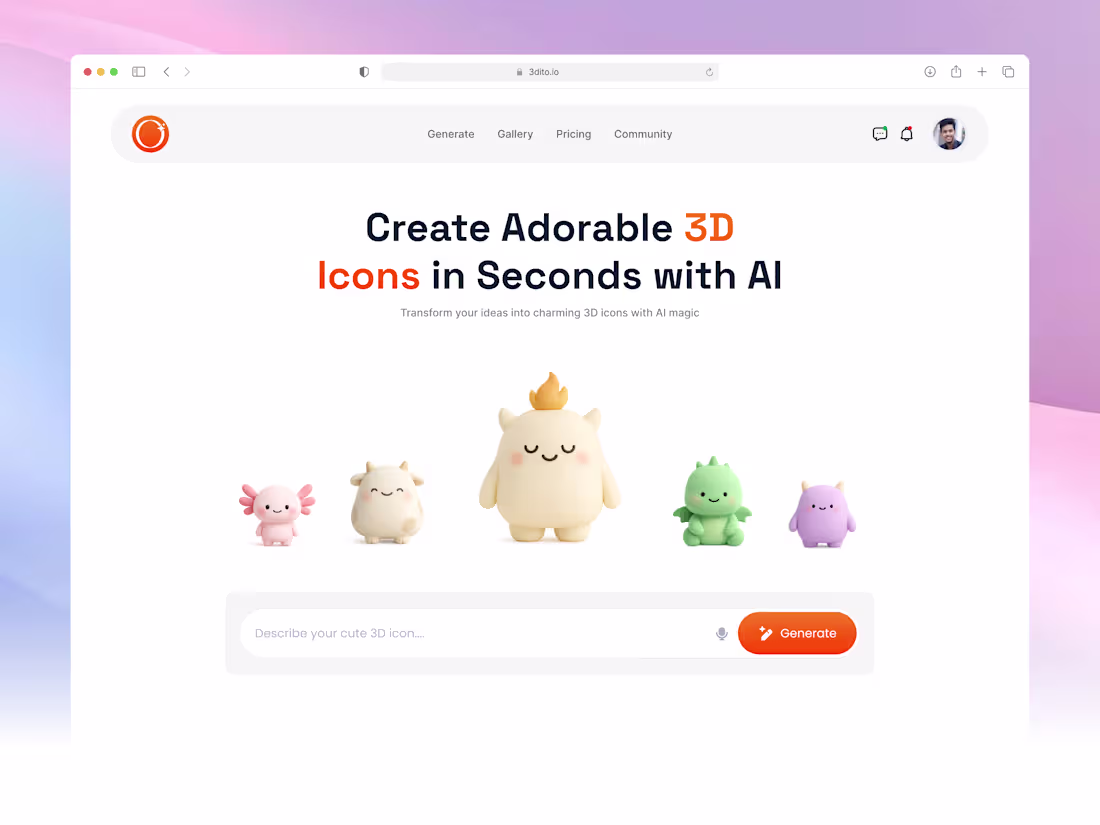 Cover image for AI cute 3D Icon Generator landing page header UI/UX Design
