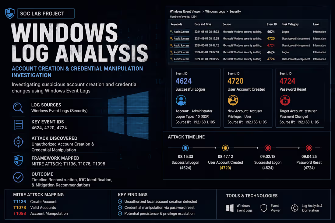 Cover image for Unauthorized Account Creation Detection - Windows Log Analysis 