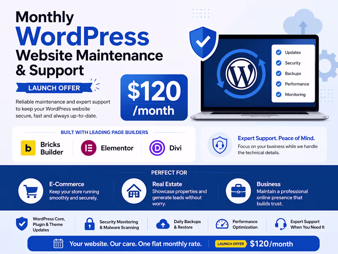 Cover image for Monthly WordPress Website Maintenance | Launch Offer - $120