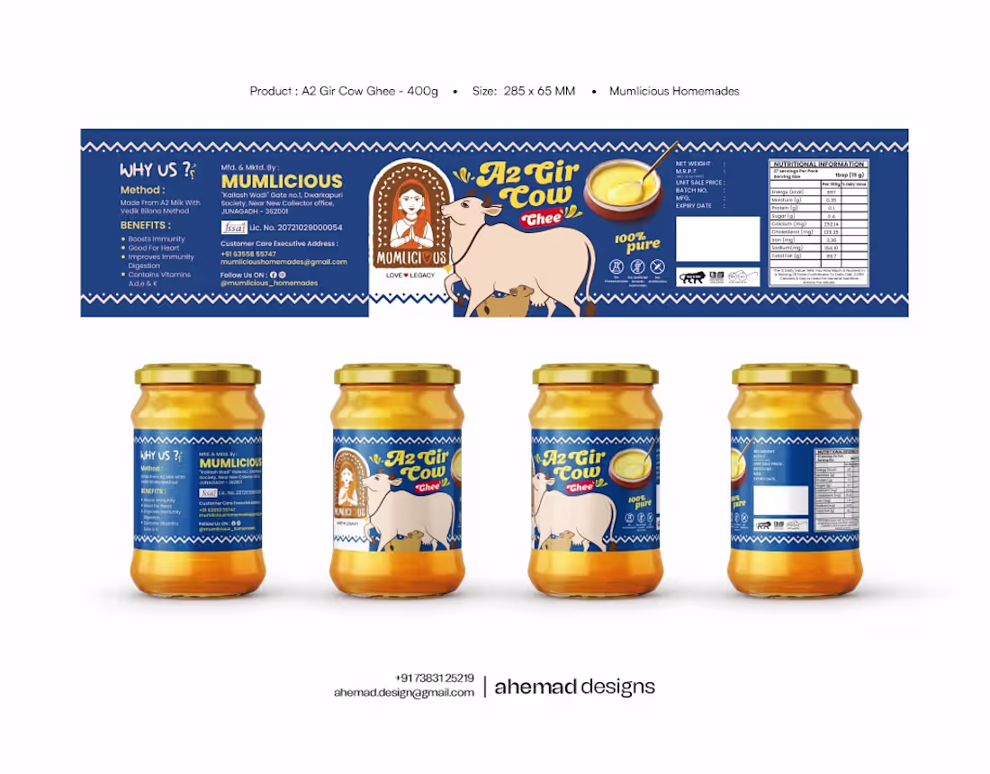 Cover image for Mumlicious — A2 Gir Cow Ghee Packaging Design Months after M...