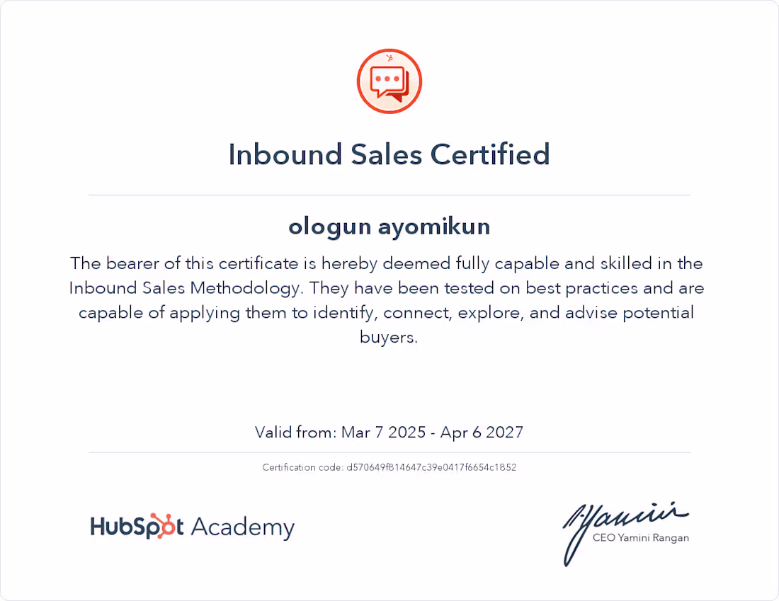 Cover image for Inbound sales cartificate