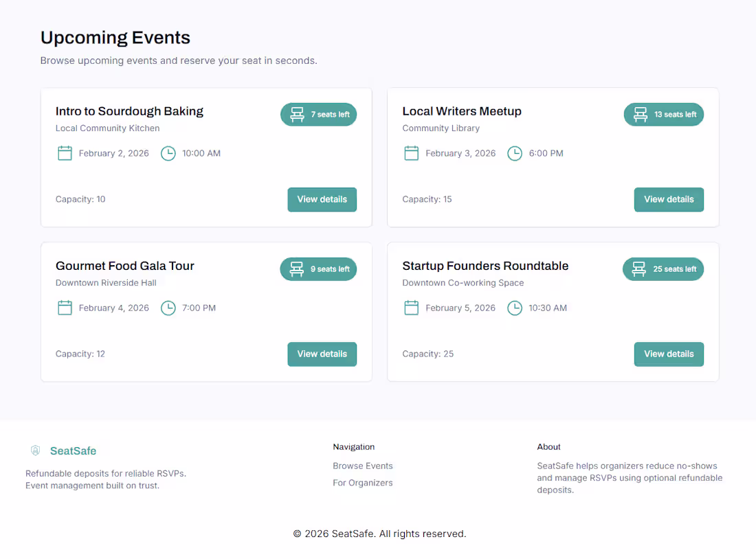 Cover image for SeatSafe – Refundable Event Deposits
Free