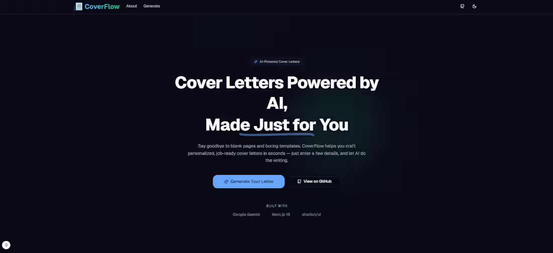 Cover image for CoverFlow AI 
1. Short Explanation
CoverFlow
