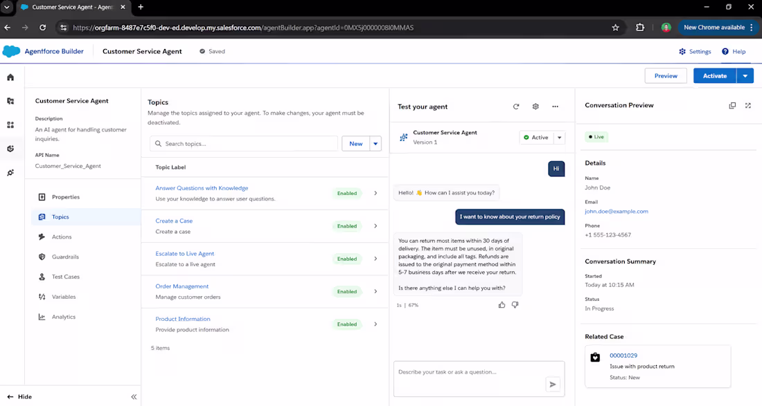 Cover image for Salesforce Agentforce Customer Service AI Agent Implementation
