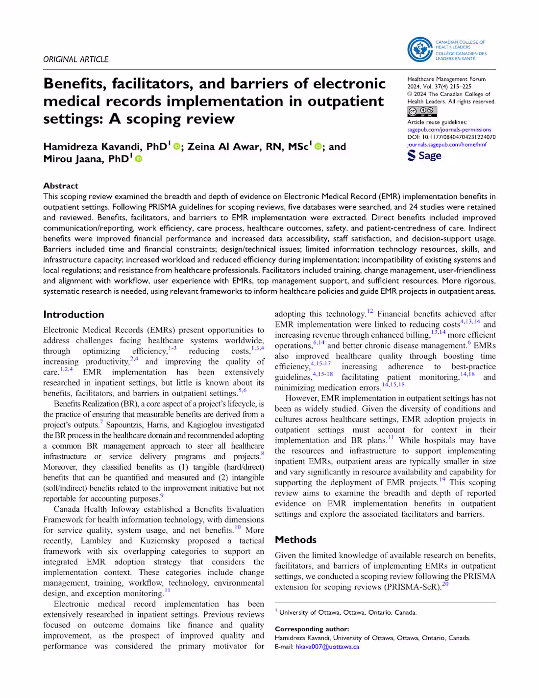 Cover image for One of my publications. A scoping review about EMR implement...
