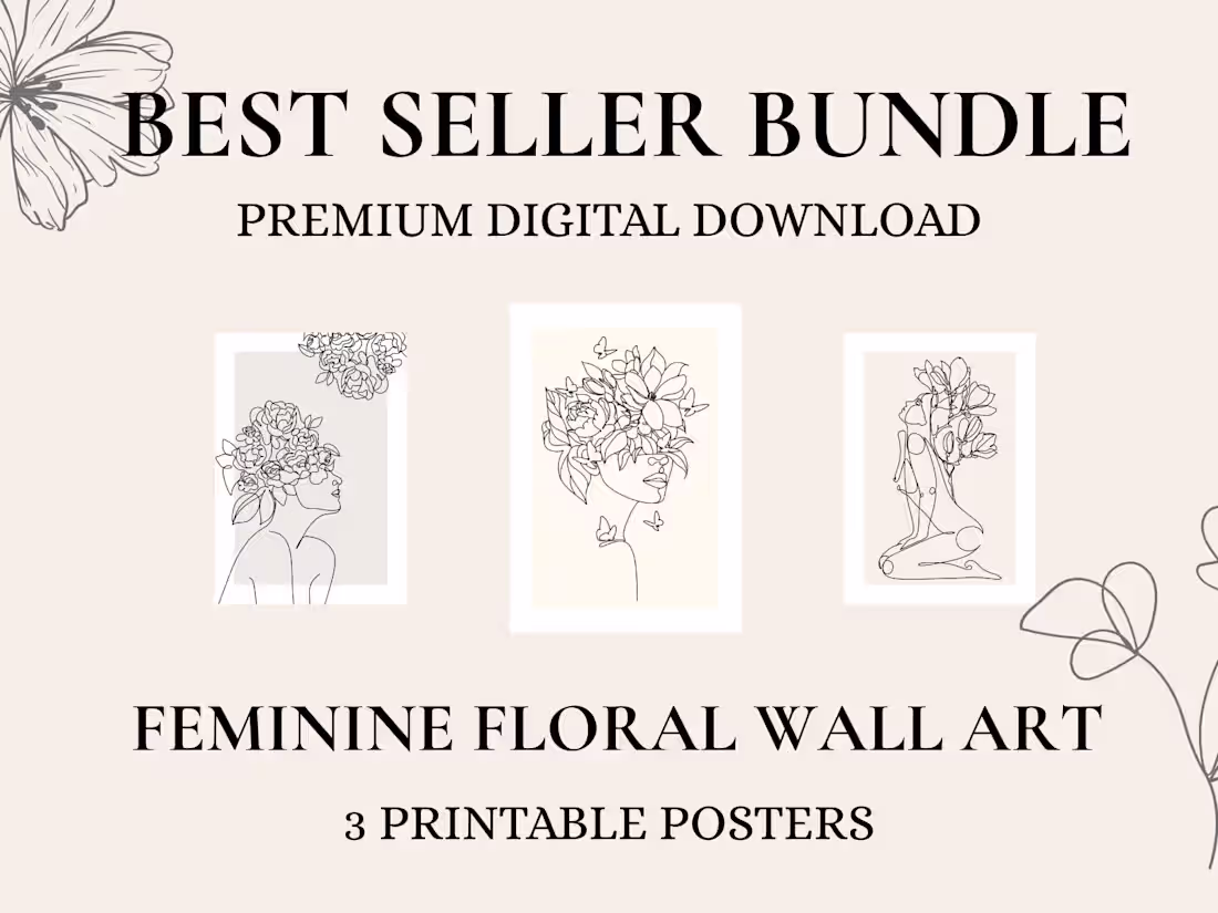 Cover image for Feminine Floral Line Art Wall Art Set | 3 Printable Posters