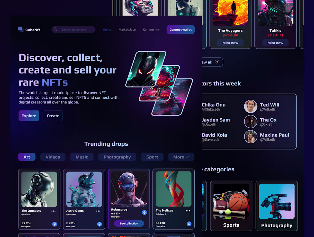 Cover image for Landing page UI design for NFT marketplace :: Behance