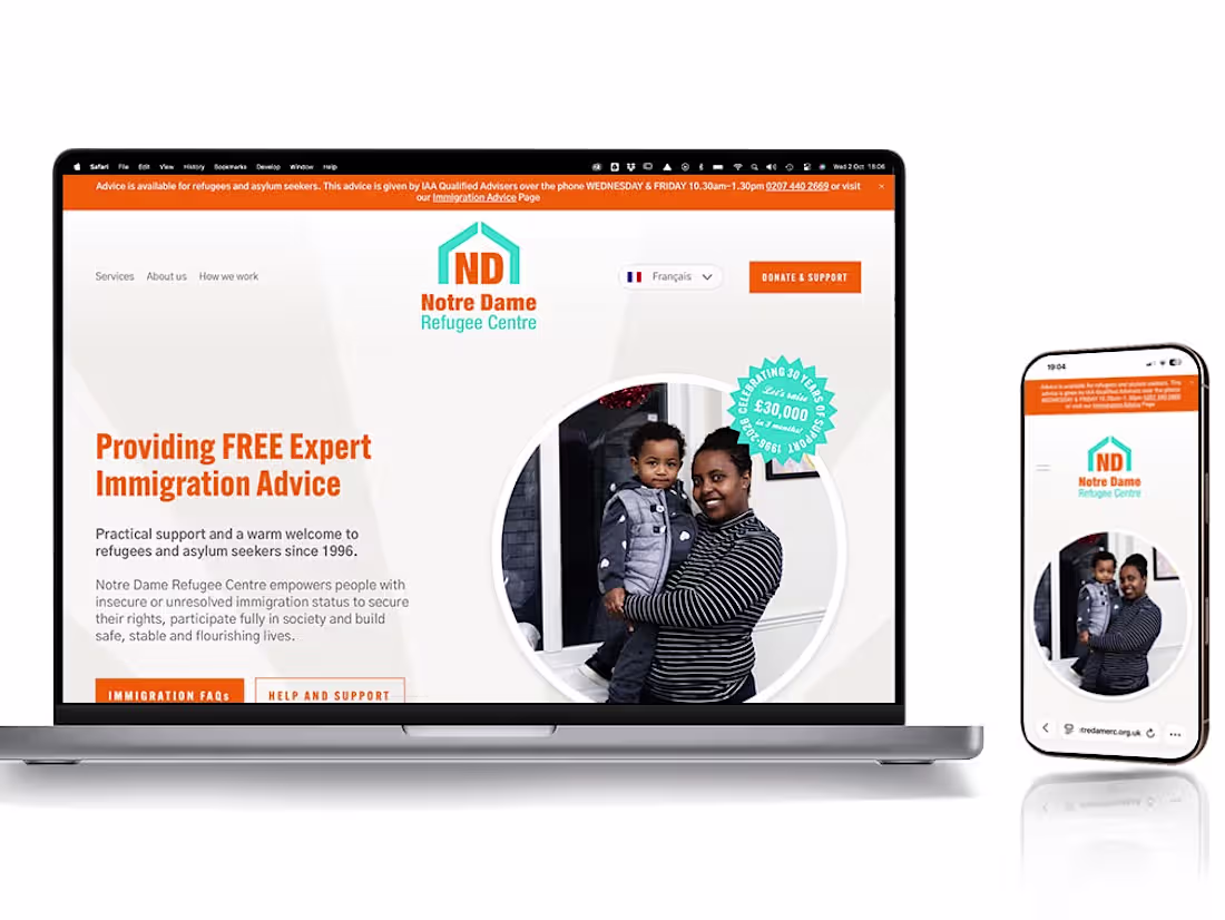 Cover image for dual-language charity website - Notre Dame Refugee Centre
