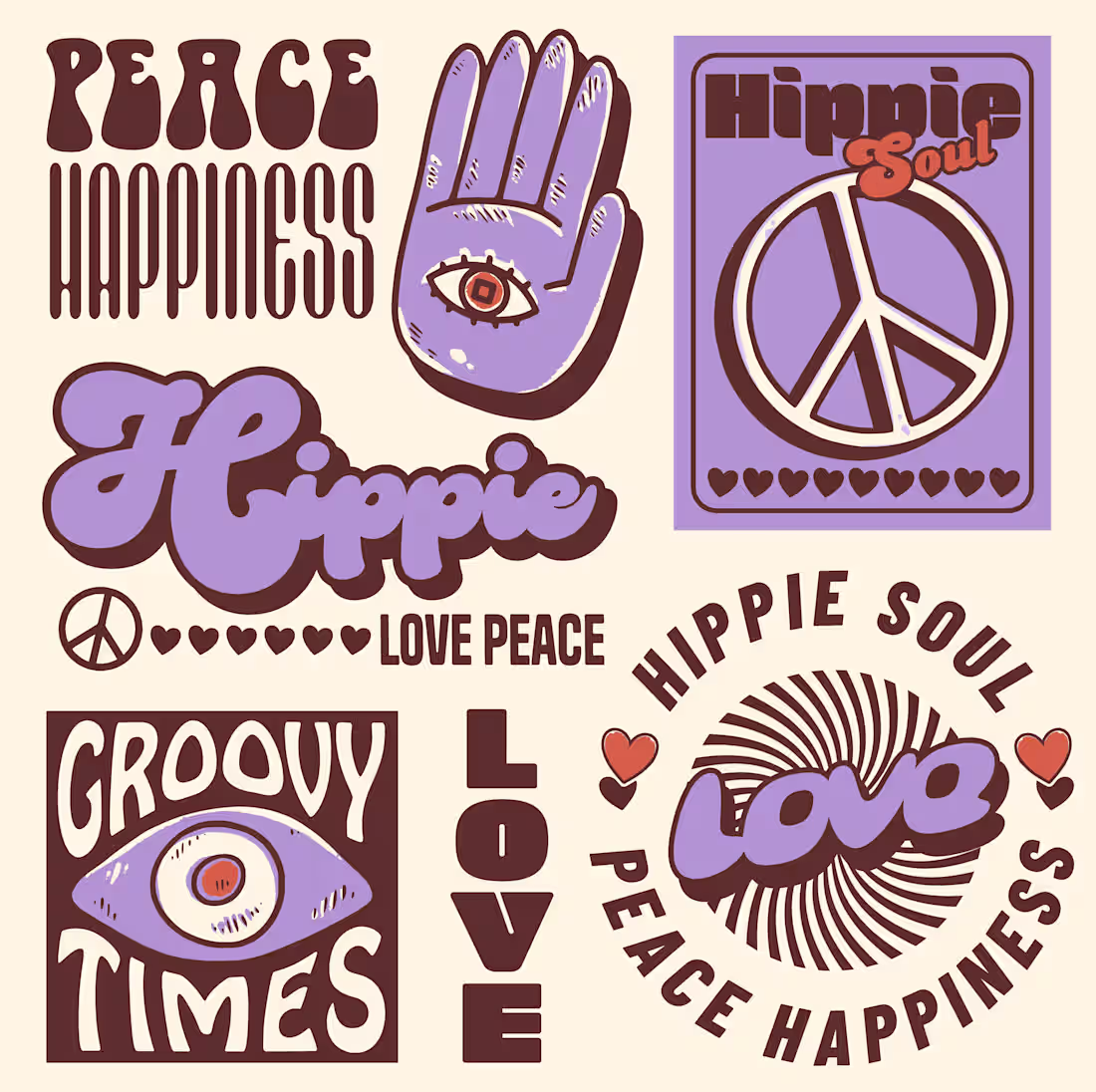 Cover image for Set of retro hippie-style graphic