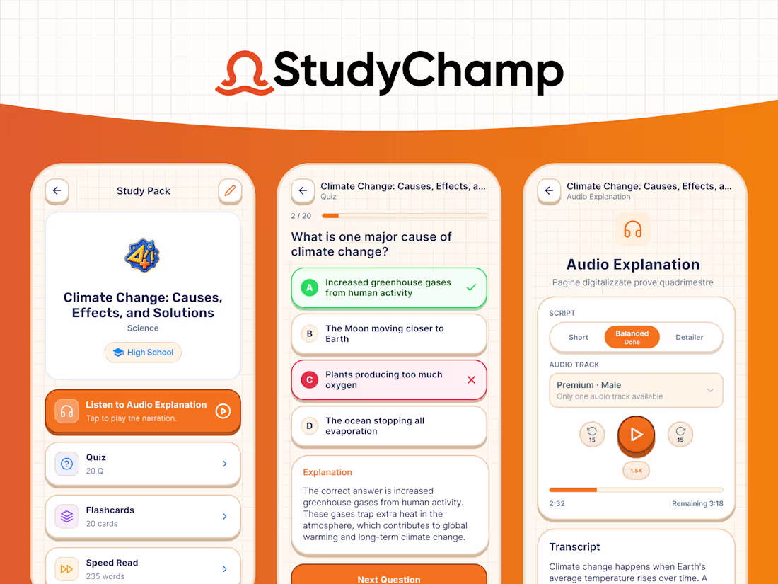 Cover image for StudyChamp | Turn Notes Into Audio, Quizzes, and Flashcards