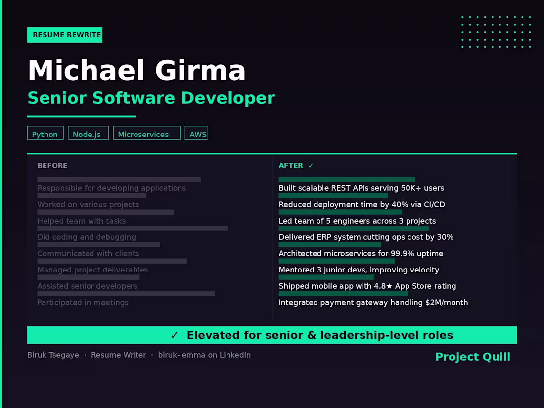 Cover image for Overhauled Michael's senior developer resume