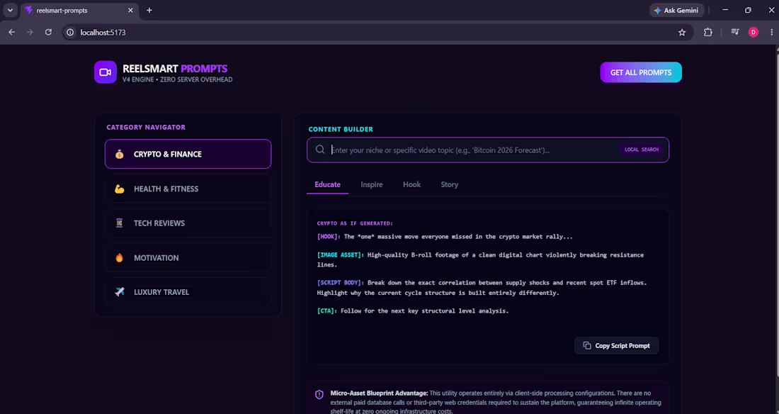 Cover image for Built and launched "REELSMART PROMPTS,"