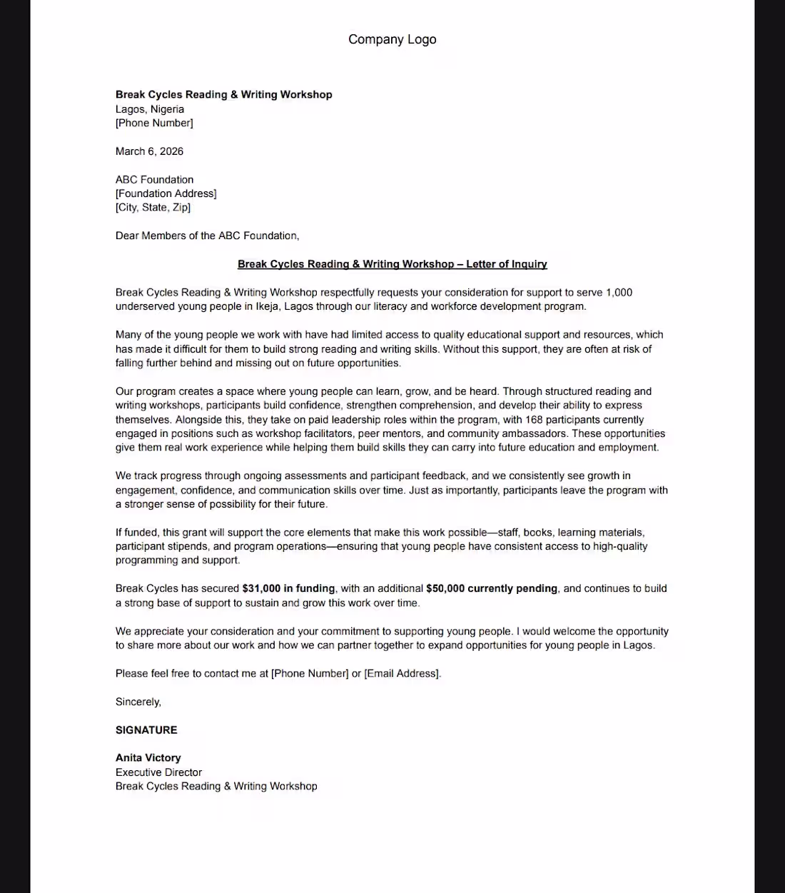 Cover image for Sample proposal, letter of interest