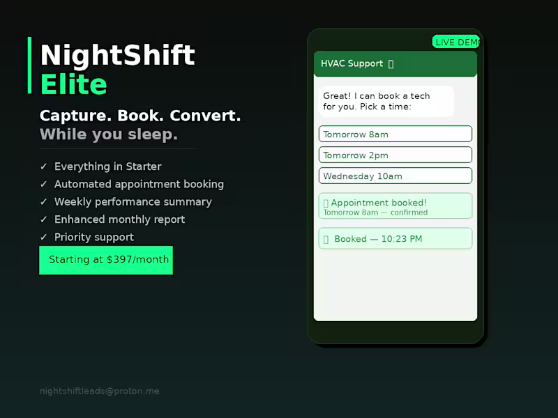 Cover image for NightShift Elite— Chatbot + Appointment Booking