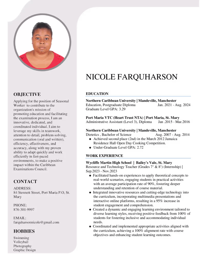 Cover image for Nicole Farquharson's Resume