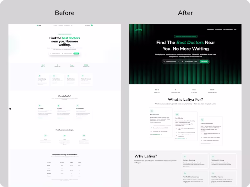 Cover image for Lafiya - Telehealth Landing Page
Overview
Lafiya
