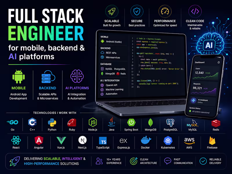 Cover image for Full Stack Development for Mobile, Backend & AI