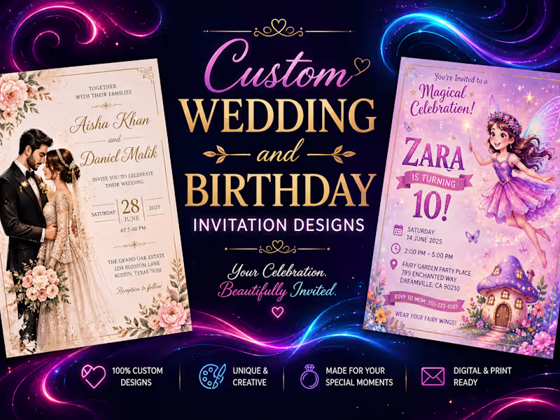 Cover image for Custom Wedding and Birthday Invitation Designs
