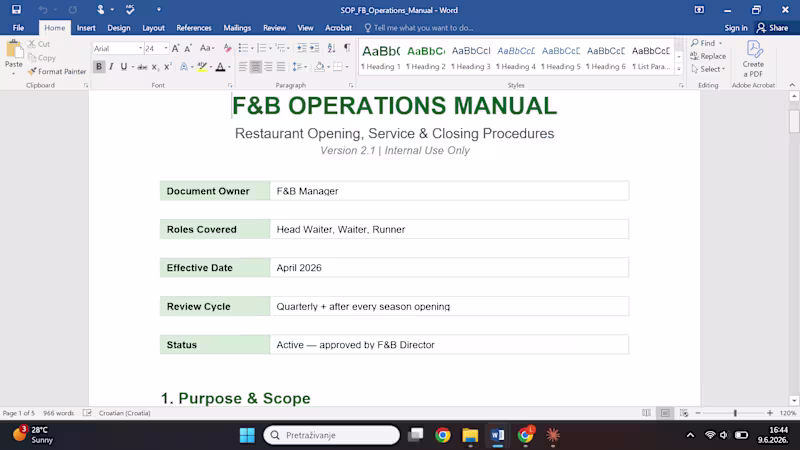 Cover image for F&B Operations Manual — restaurant