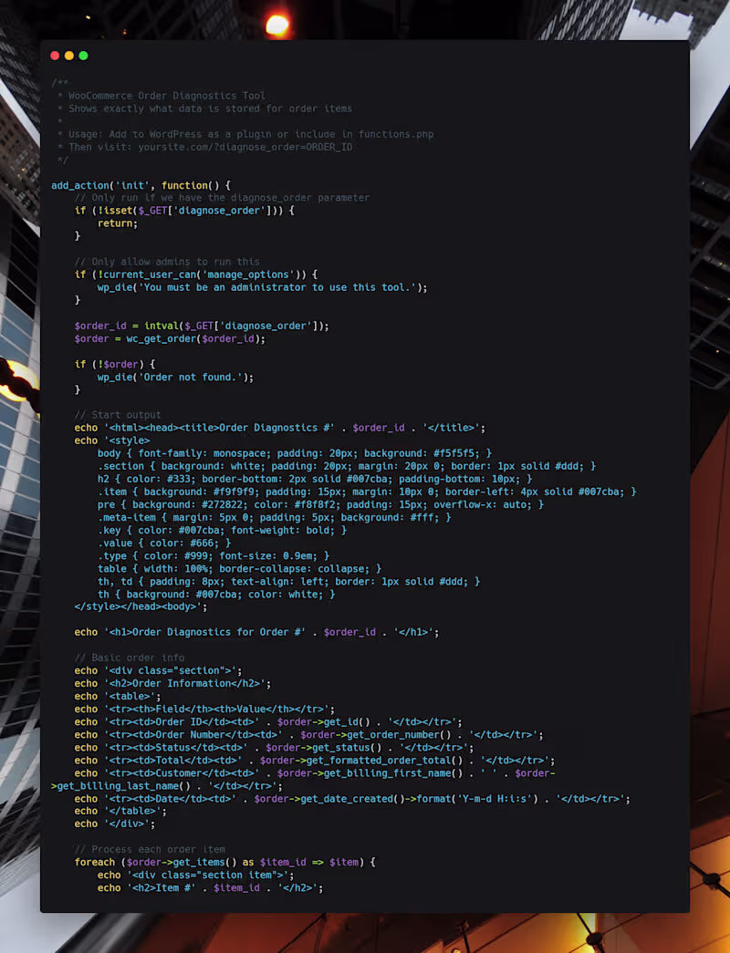 Cover image for Custom WooCommerce Order Diagnostics Tool