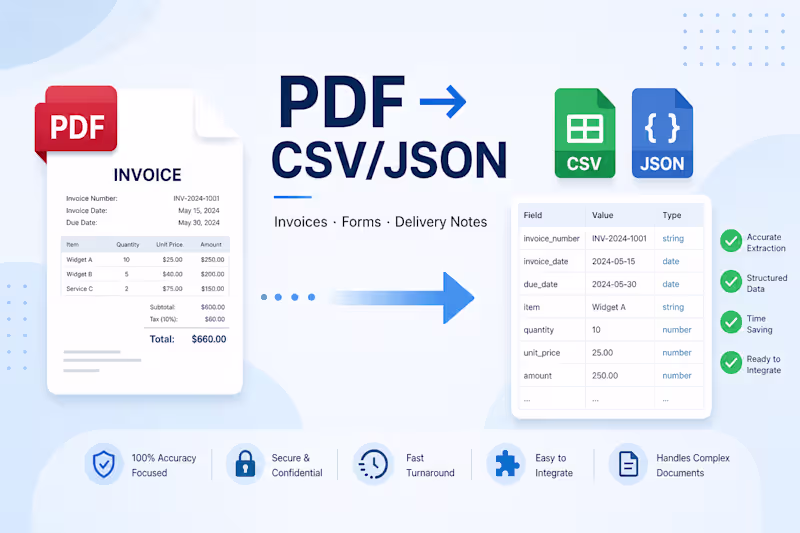 Cover image for PDF → CSV/JSON — 10 Documents (Invoices, Forms, PODs)