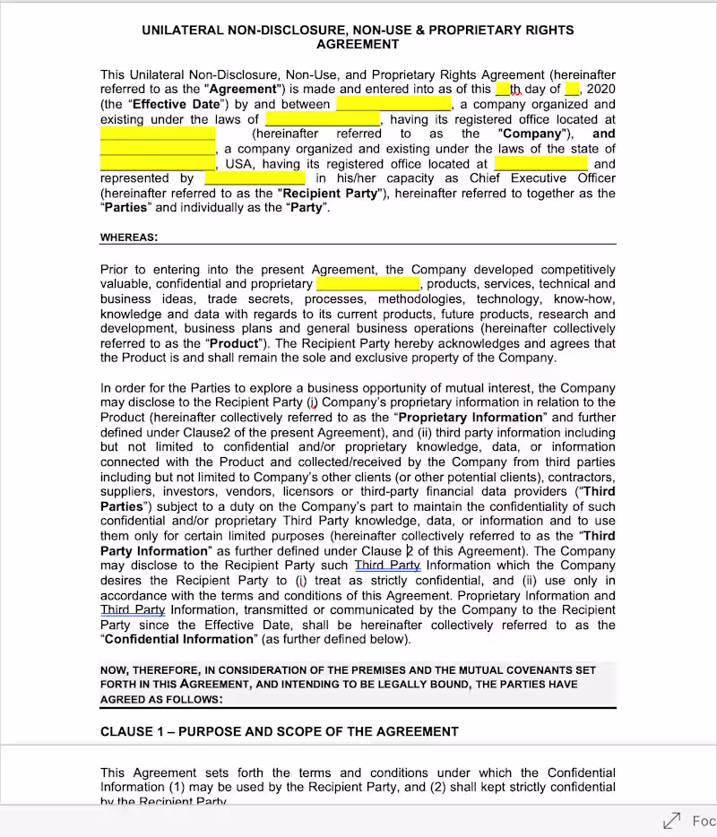 Cover image for Unilateral Non-Disclosure Agreement 