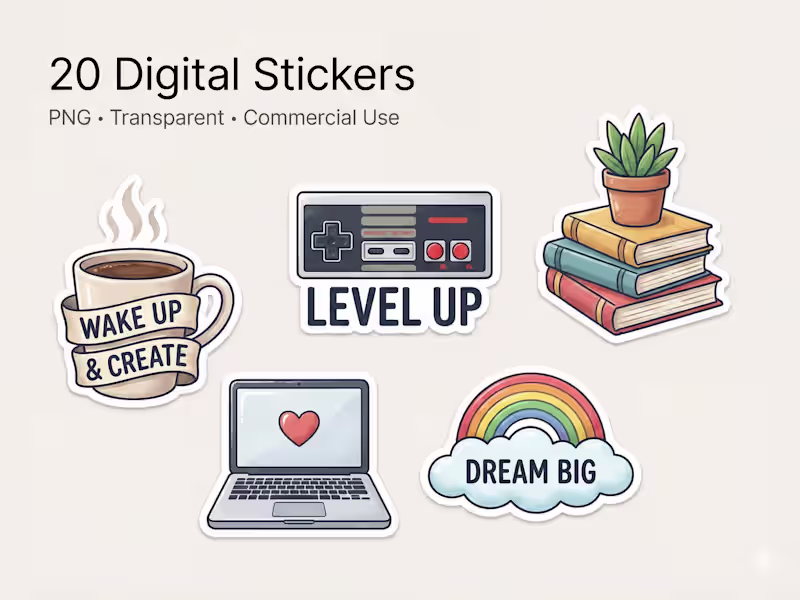 Cover image for 20 Custom Digital Stickers Pack (PNG • Commercial Use)