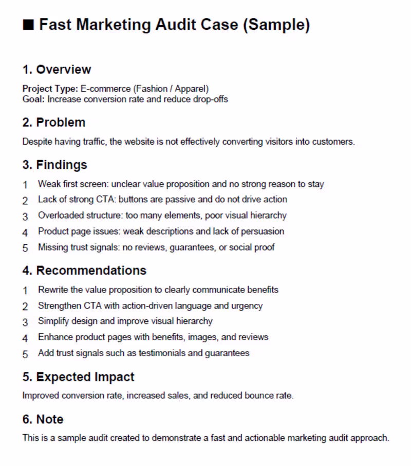 Cover image for ⚡ Fast Marketing Audit (Sample)
Delivered