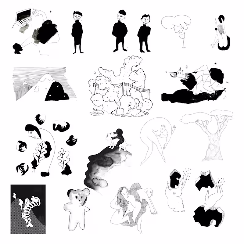 Cover image for Black-and-white editorial illustration series exploring