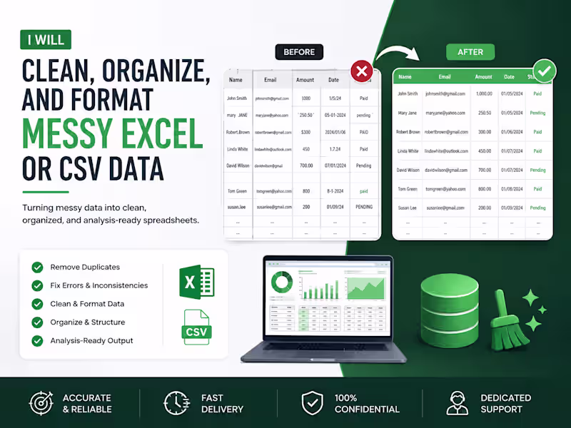 Cover image for I will clean, organize, and format messy Excel or CSV data