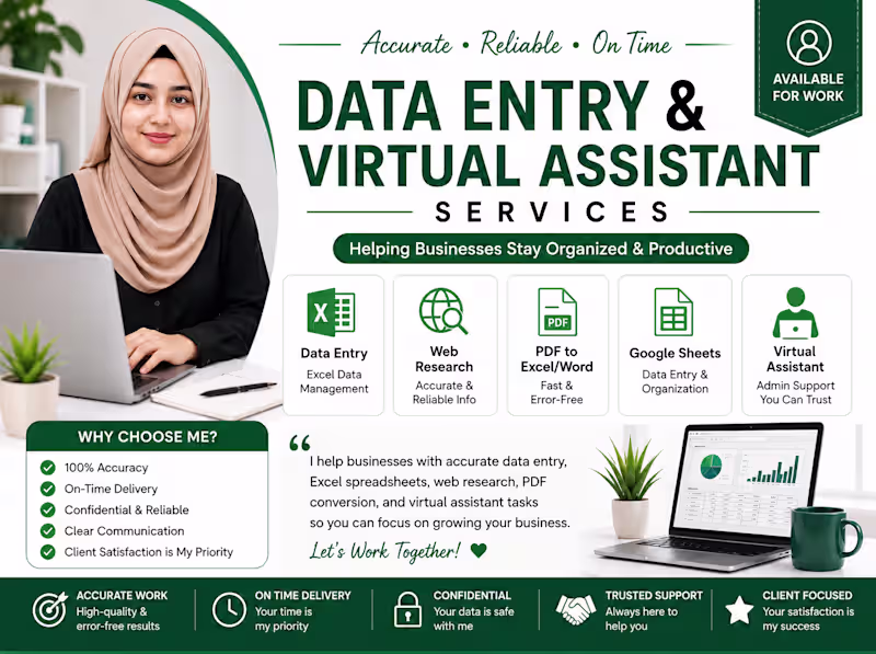 Cover image for Data Entry Specialist | Virtual Assistant | Excel & Google Sheet