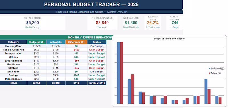 Cover image for Personal or Business Budget Tracker in Excel.