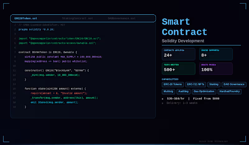 Cover image for Smart Contract Development & Auditing (Solidity)
