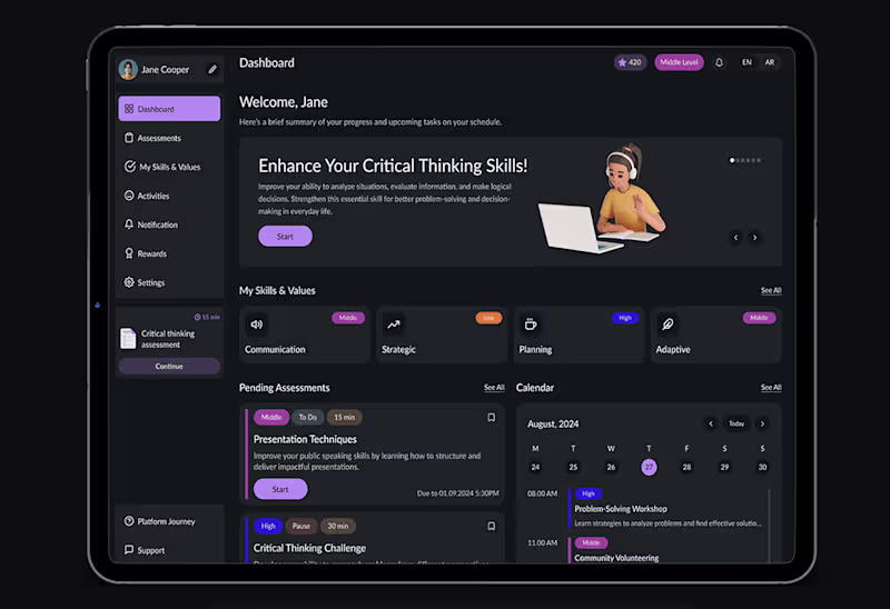 Cover image for Skills Development Dashboard - Dark Mode UI Design