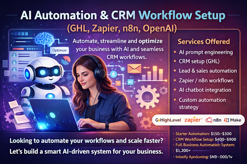Cover image for AI Automation & CRM Workflow Setup (GHL, Zapier, n8n, OpenAI)