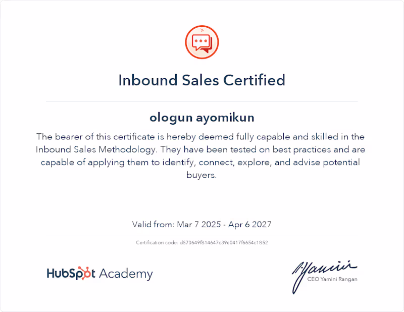 Cover image for Inbound sales cartificate