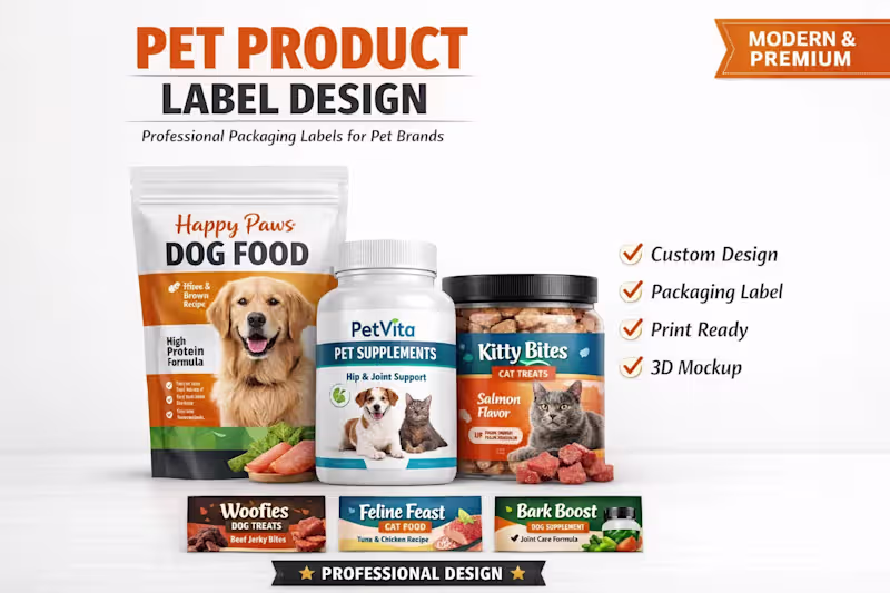 Cover image for Modern Pet Food Packaging & Dog Product Label Design | 3D Mockup