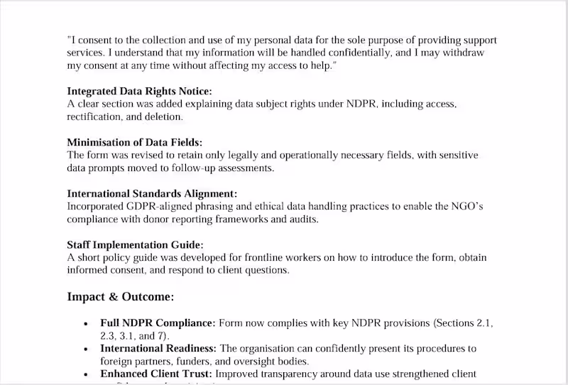 Cover image for  NGO Intake & Consent Forms Legal Compliance Review