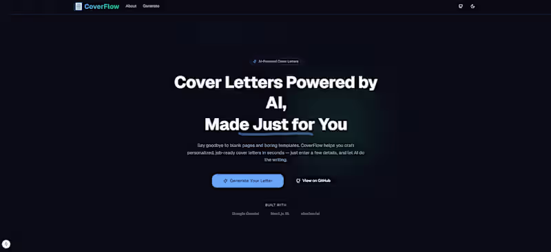 Cover image for CoverFlow AI 
1. Short Explanation
CoverFlow