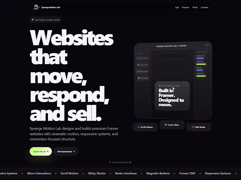 Cover image for Synerge Motion Lab — Framer Animation Showcase
